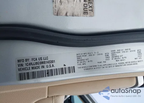 2021 Jeep Grand Cherokee L Limited 4X2 z USA, uszkodzony, nr VIN 1C4RJJBG9M8143301